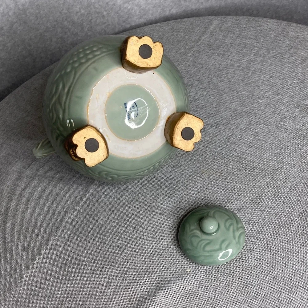 Celadon Footed Dragon‎ Teapot Asian Ceramic Kettle Green Gold Tea Pot Decor WCL